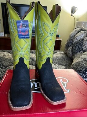 Justin Boots Lime Green and Black Western Boot Pair